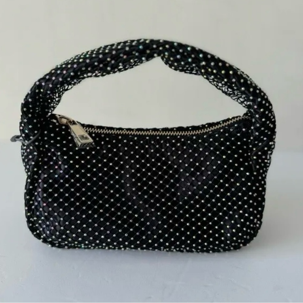 NWT Vince Camuto Mini Bag Black Damsa Crystals on Net Over Sateen